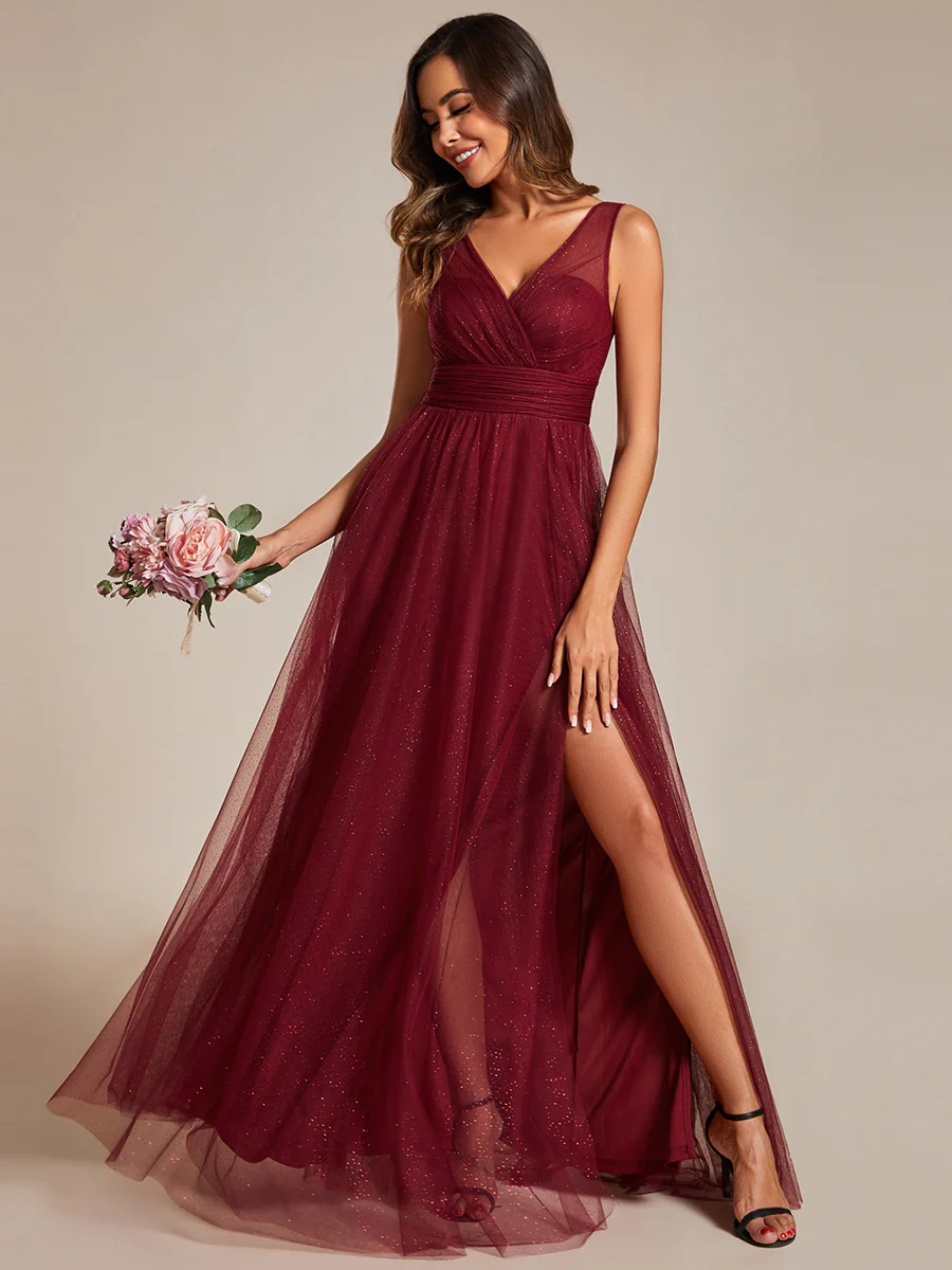 V-neck Spaghetti Strap Sequin Hollow Bridesmaid Dress #EMESS0014