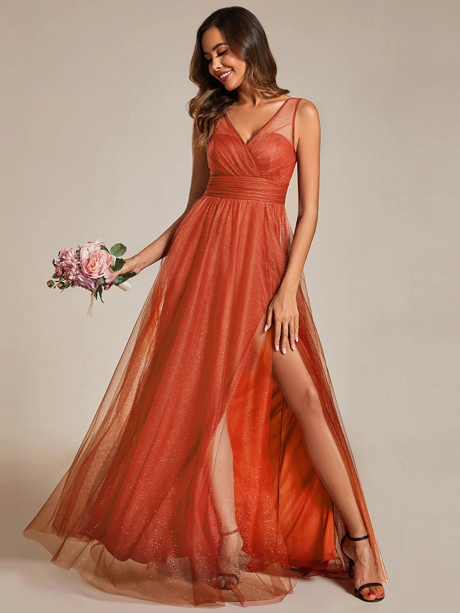V-neck Spaghetti Strap Sequin Hollow Bridesmaid Dress #EMESS0014