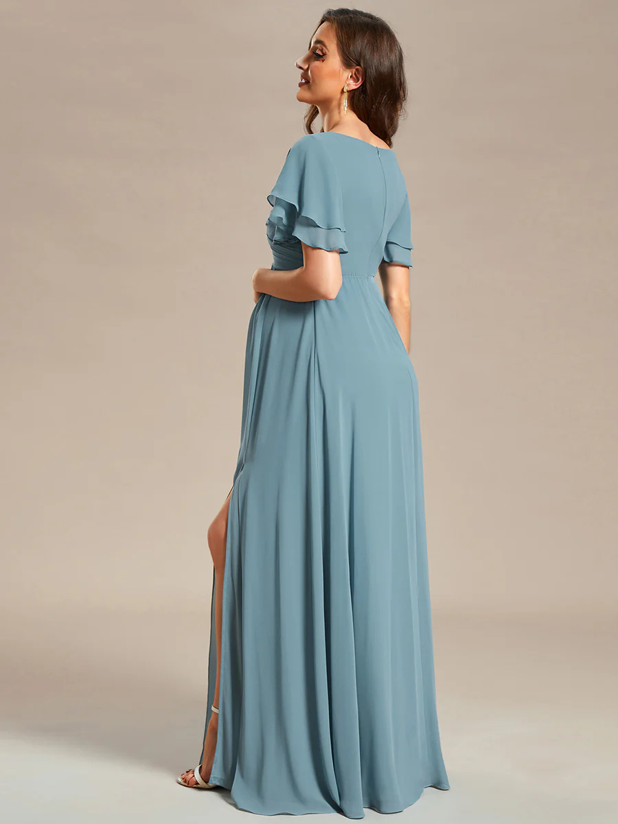 Ruffle Sleeves Split Chiffon Maternity Bridesmaid Dress #EMEY01862