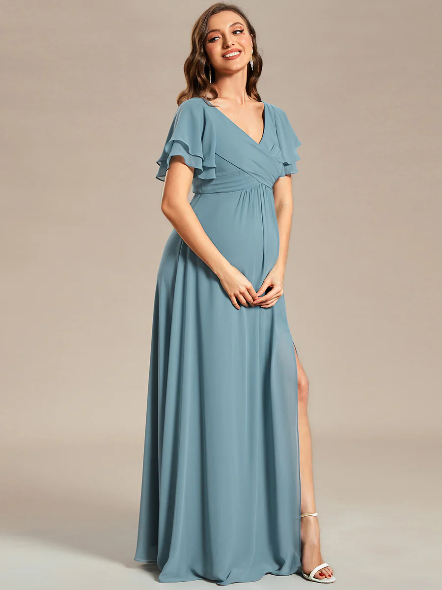 Ruffle Sleeves Split Chiffon Maternity Bridesmaid Dress #EMEY01862
