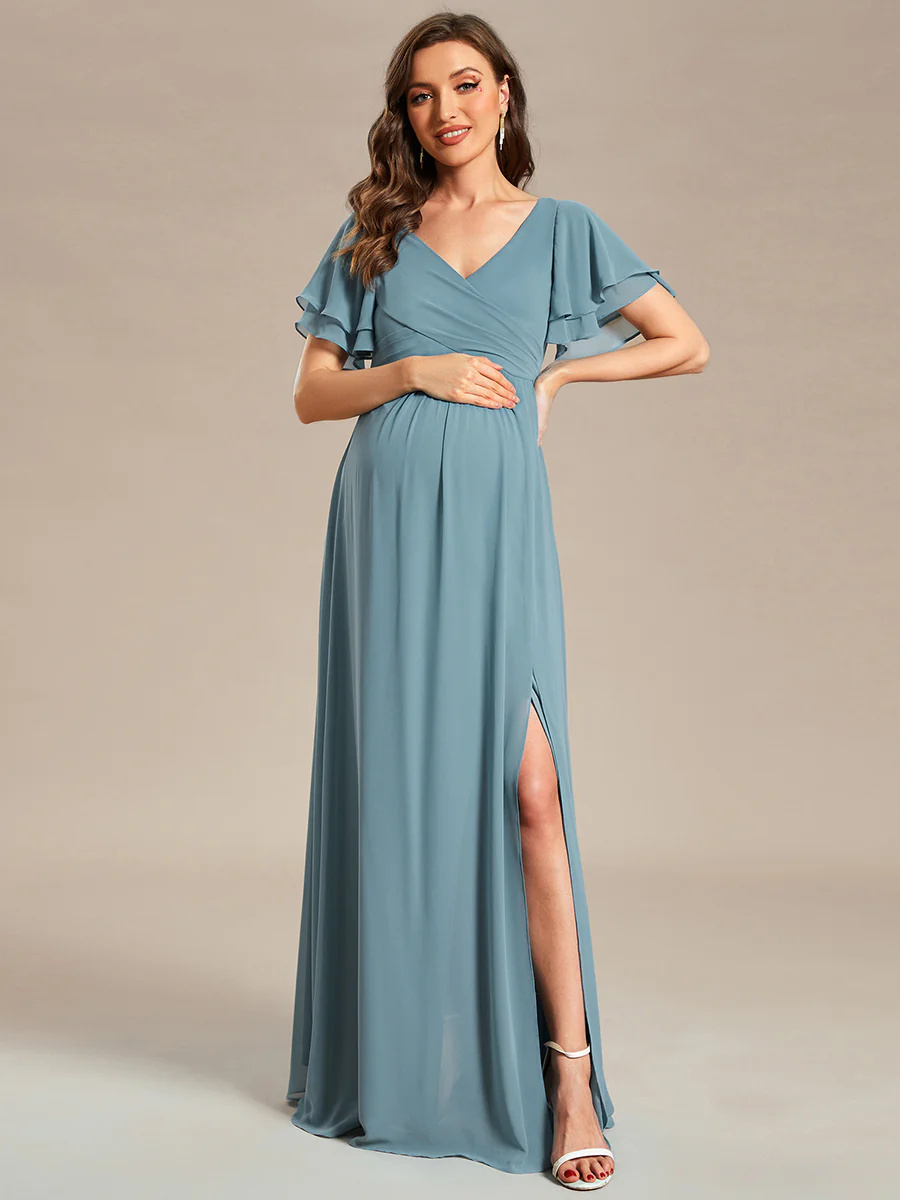 Ruffle Sleeves Split Chiffon Maternity Bridesmaid Dress #EMEY01862