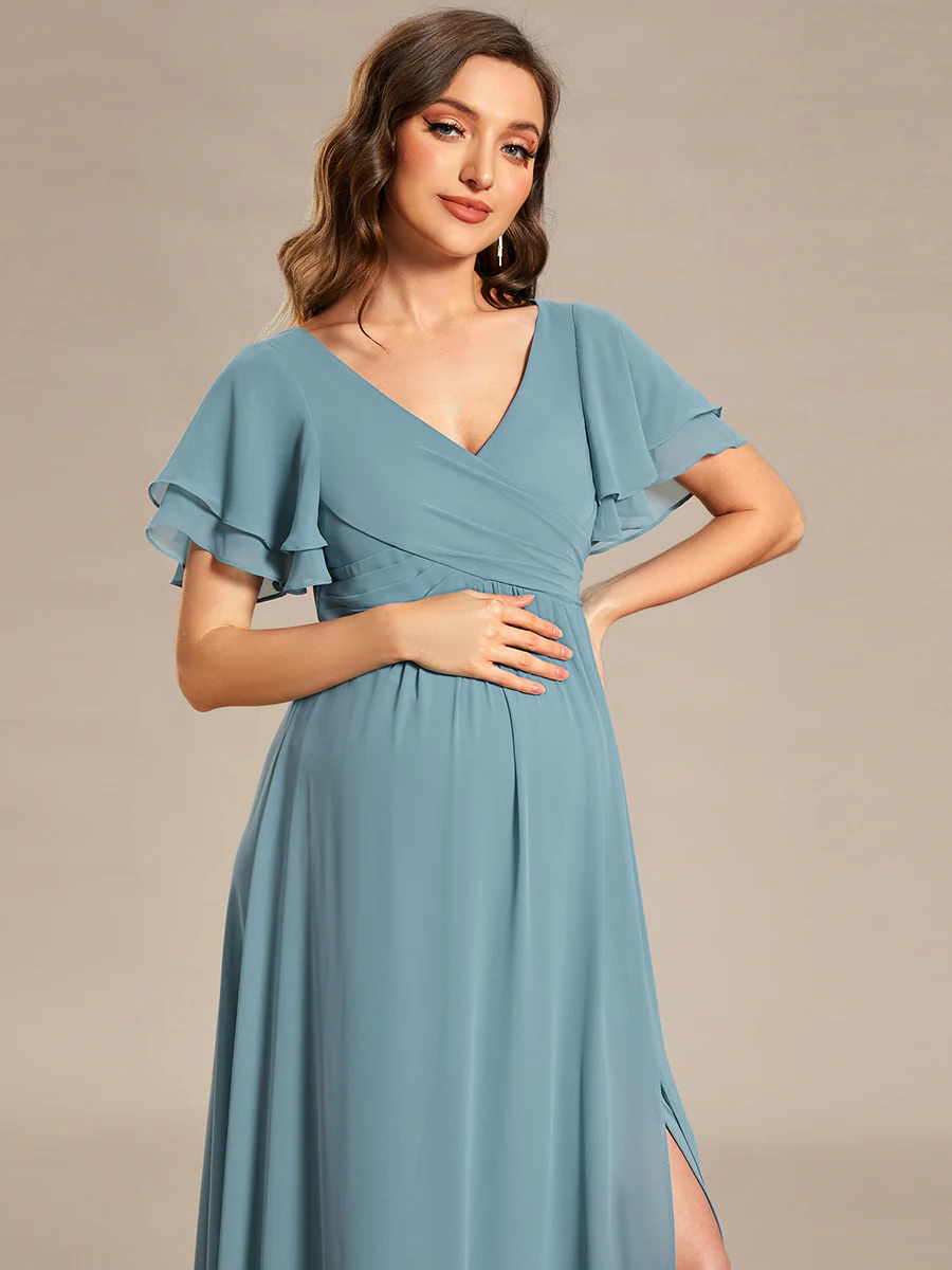 Ruffle Sleeves Split Chiffon Maternity Bridesmaid Dress #EMEY01862