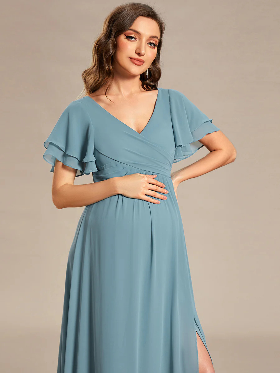 Ruffle Sleeves Split Chiffon Maternity Bridesmaid Dress #EMEY01862