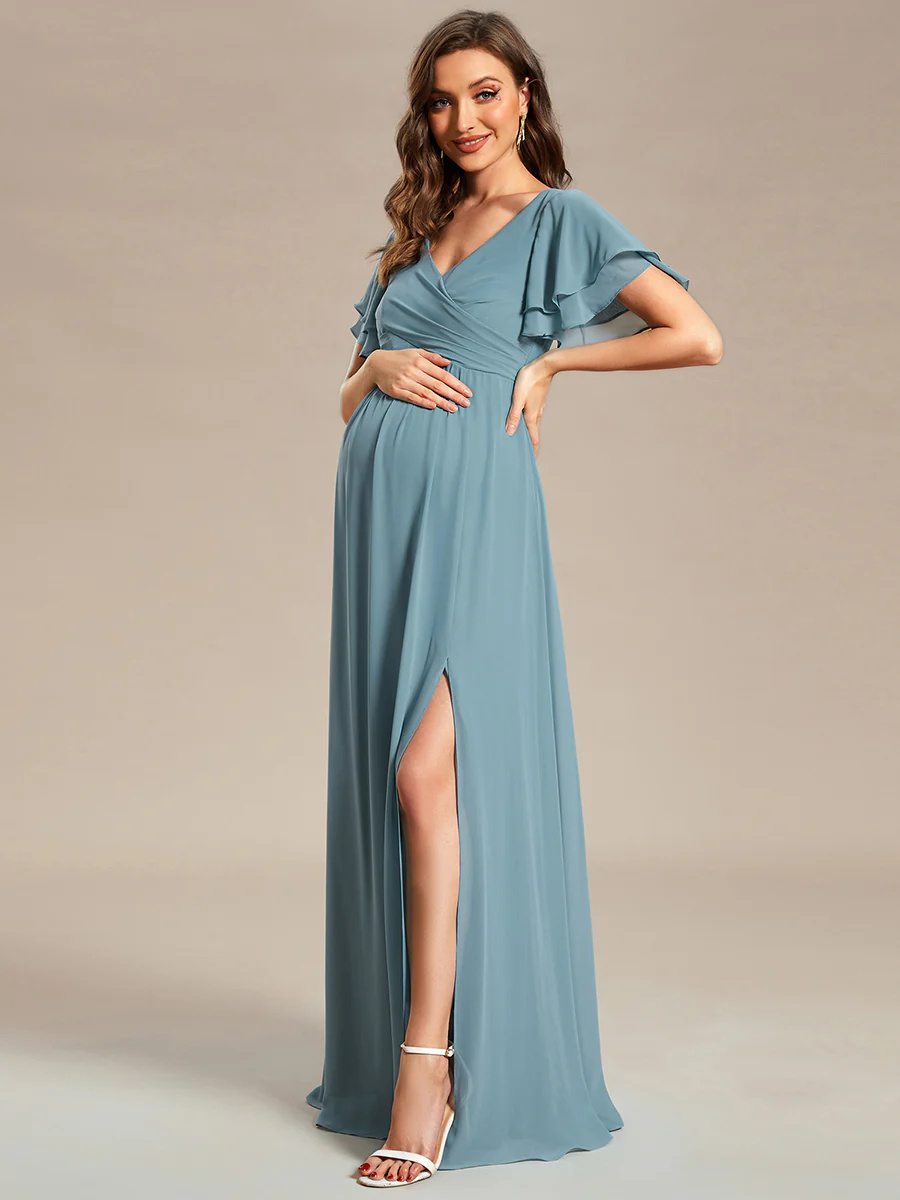 Ruffle Sleeves Split Chiffon Maternity Bridesmaid Dress #EMEY01862
