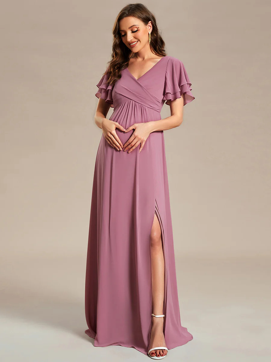 Ruffle Sleeves Split Chiffon Maternity Bridesmaid Dress #EMEY01862
