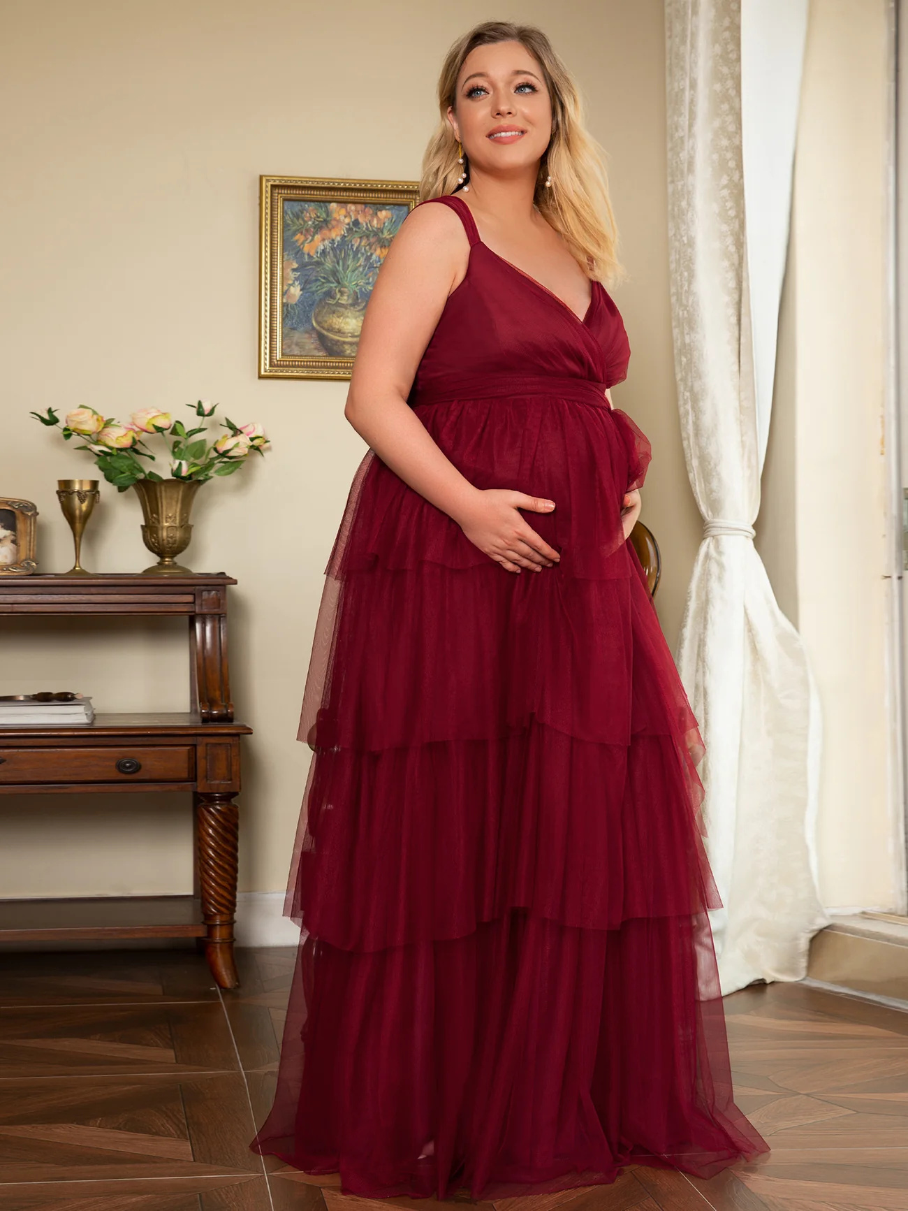Classy V-neck Sleeveless Layered Maternity Bridesmaid Dress #EMEY20794