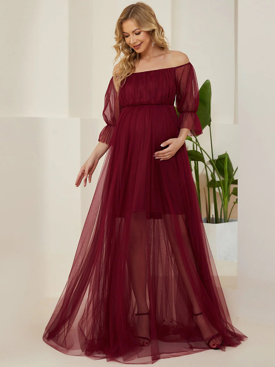 A-Line Short Puff Sleeves Maternity Bridesmaid Dress #EMEY20862