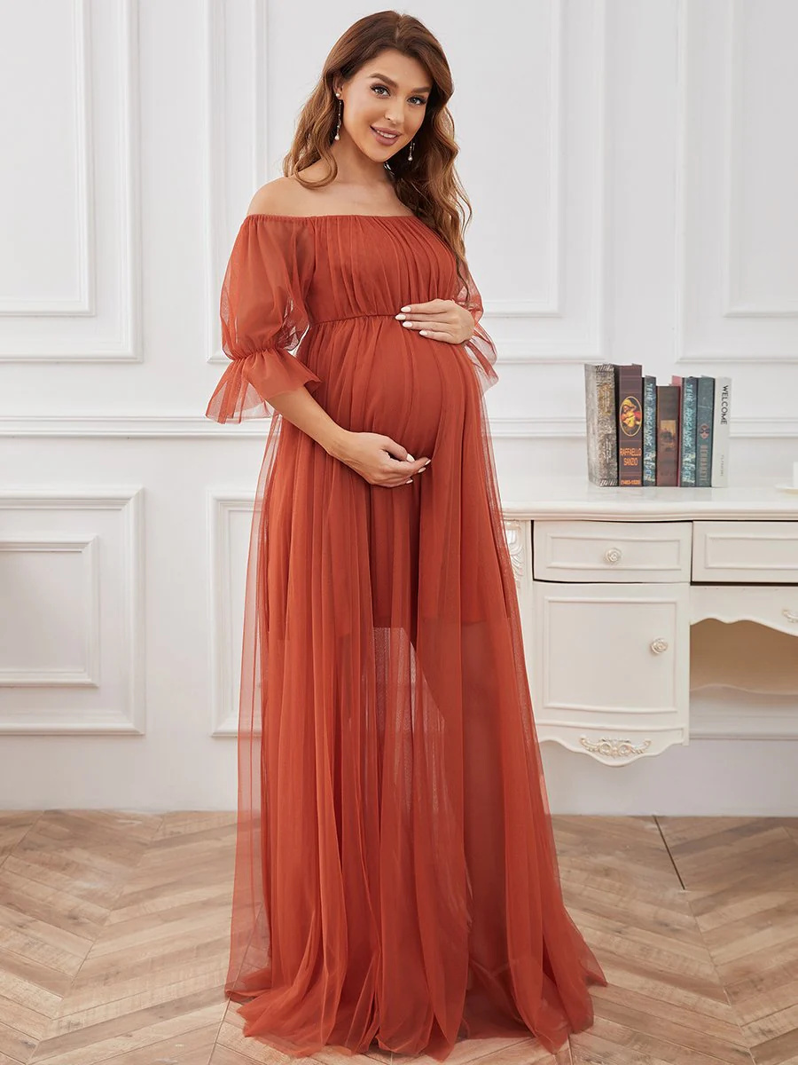 A-Line Short Puff Sleeves Maternity Bridesmaid Dress #EMEY20862