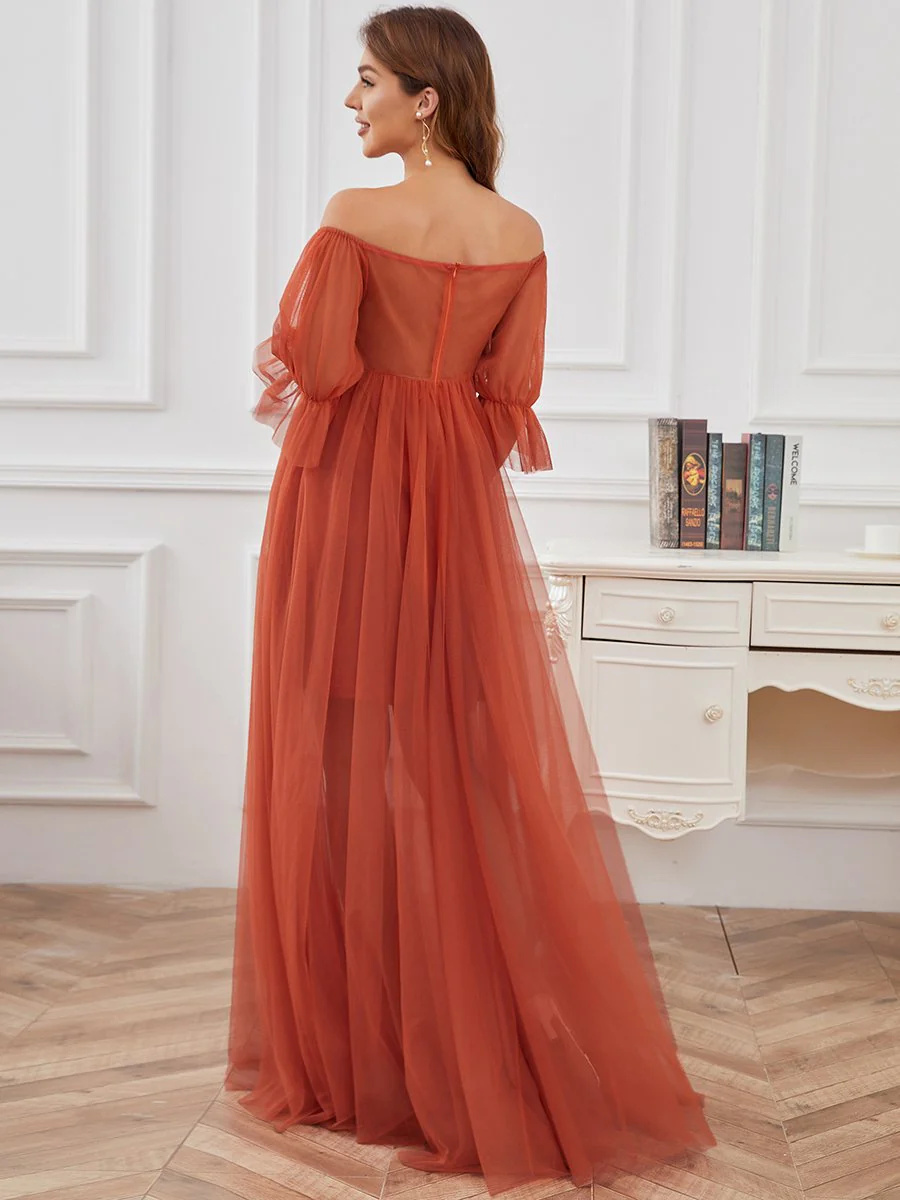 A-Line Short Puff Sleeves Maternity Bridesmaid Dress #EMEY20862