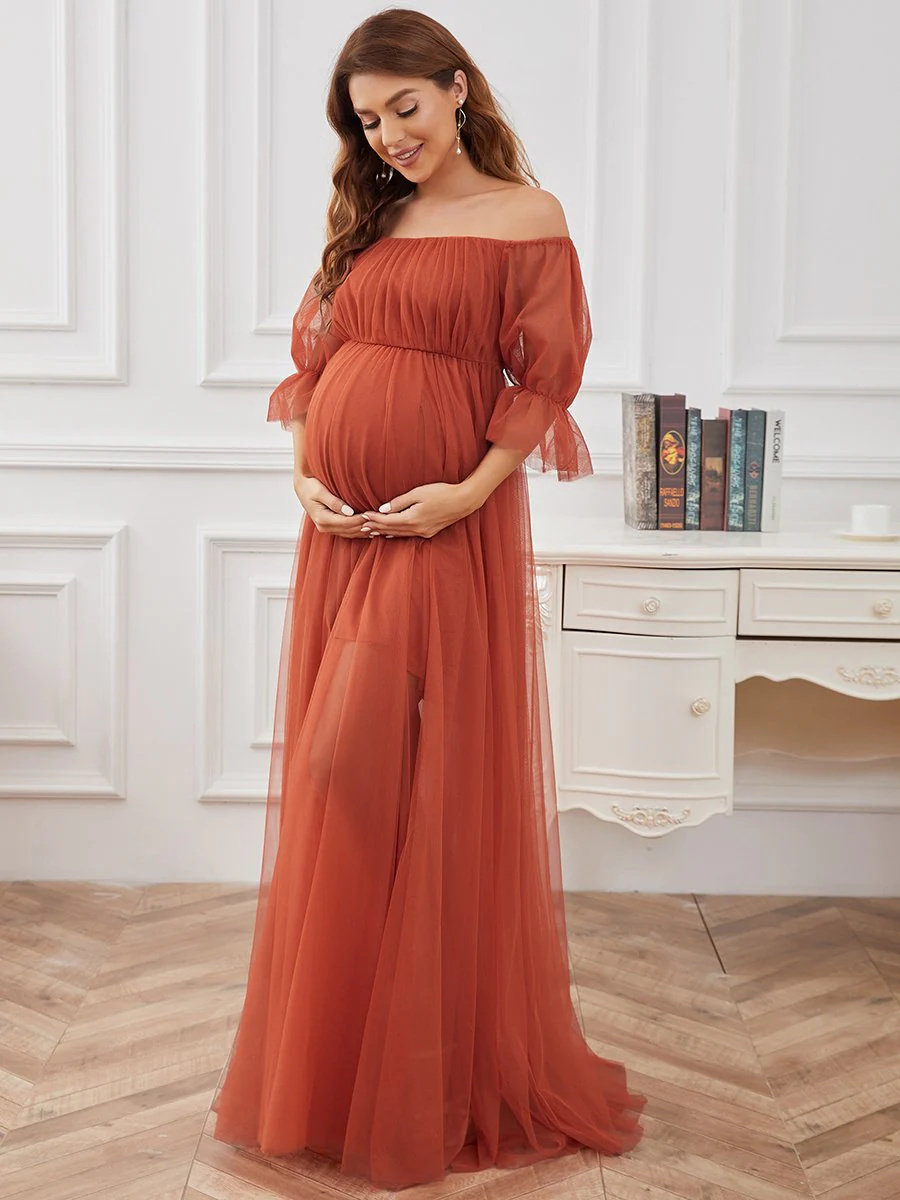 A-Line Short Puff Sleeves Maternity Bridesmaid Dress #EMEY20862