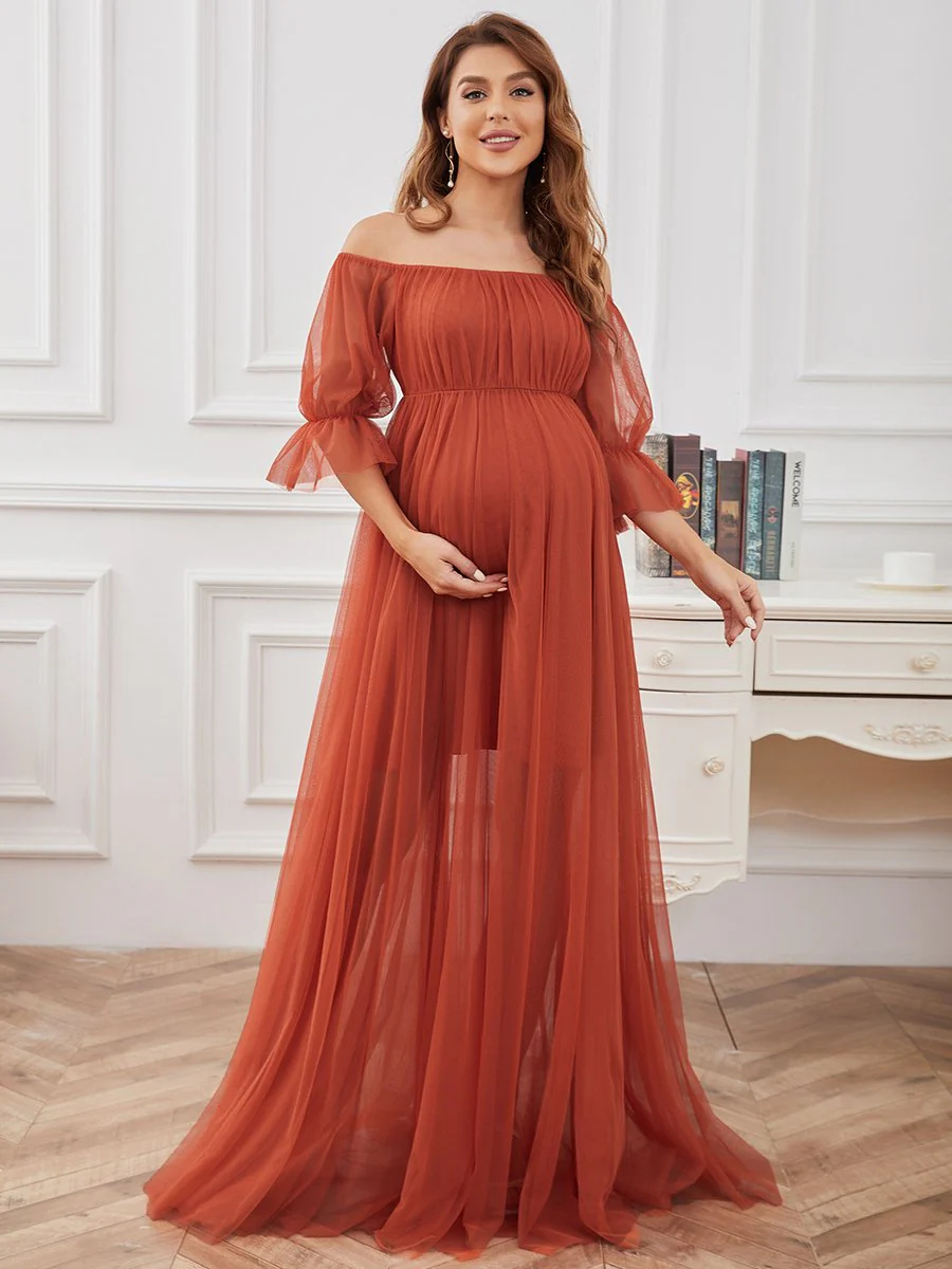 A-Line Short Puff Sleeves Maternity Bridesmaid Dress #EMEY20862