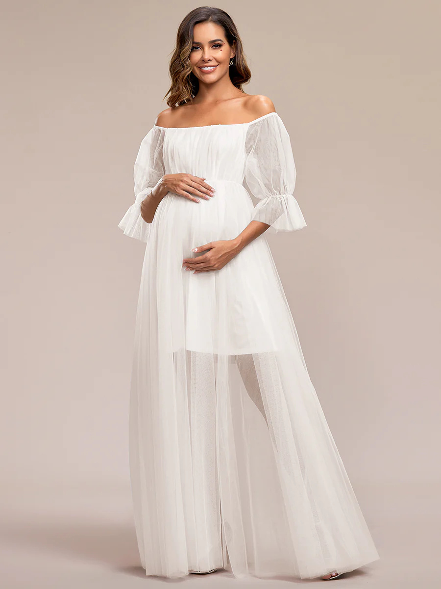 A-Line Short Puff Sleeves Maternity Bridesmaid Dress #EMEY20862