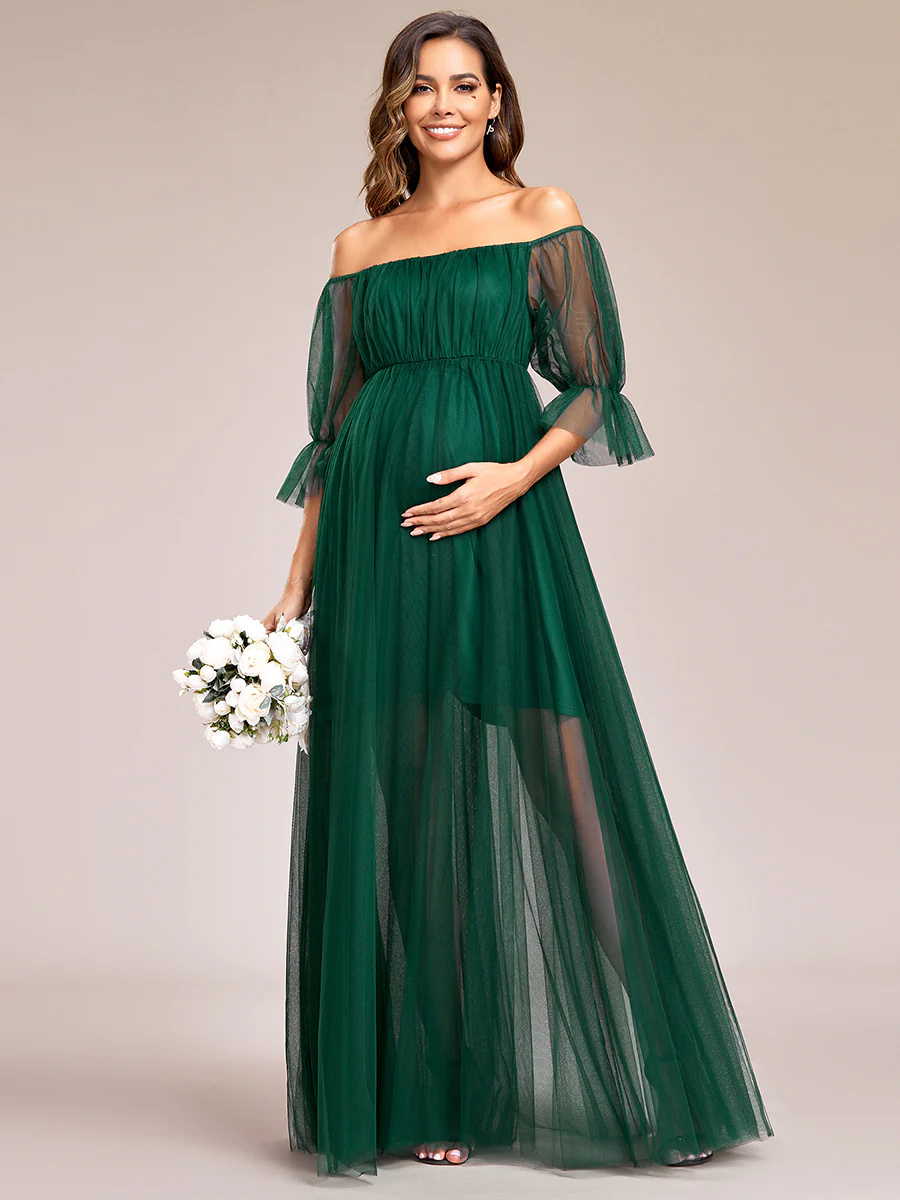 A-Line Short Puff Sleeves Maternity Bridesmaid Dress #EMEY20862
