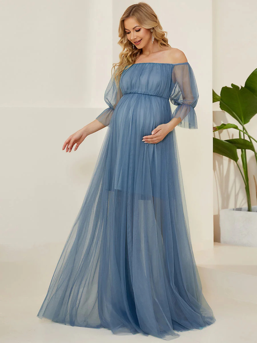 A-Line Short Puff Sleeves Maternity Bridesmaid Dress #EMEY20862