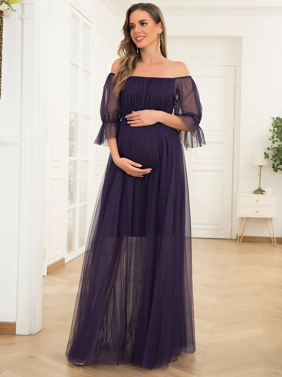 A-Line Short Puff Sleeves Maternity Bridesmaid Dress #EMEY20862