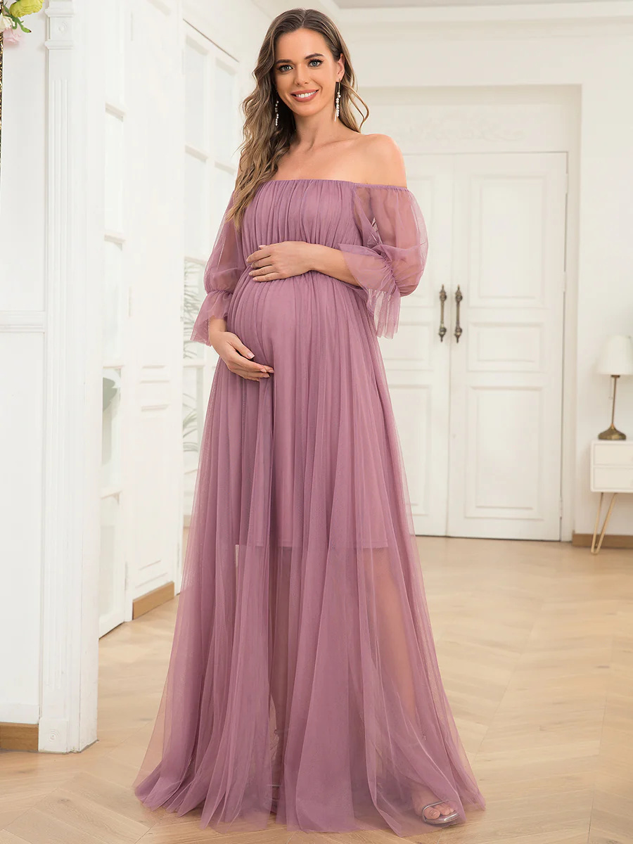 A-Line Short Puff Sleeves Maternity Bridesmaid Dress #EMEY20862