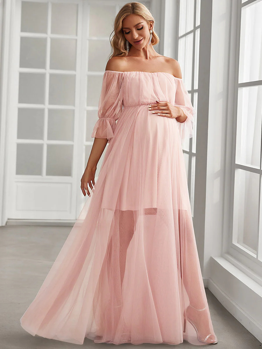 A-Line Short Puff Sleeves Maternity Bridesmaid Dress #EMEY20862