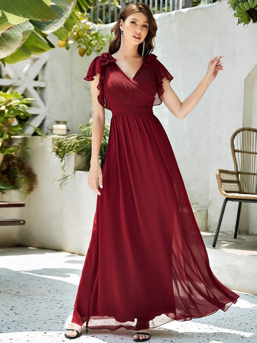 Maxi Long Chiffon Bridesmaid Dress With Ruffles Sleeves #EMEZ07709