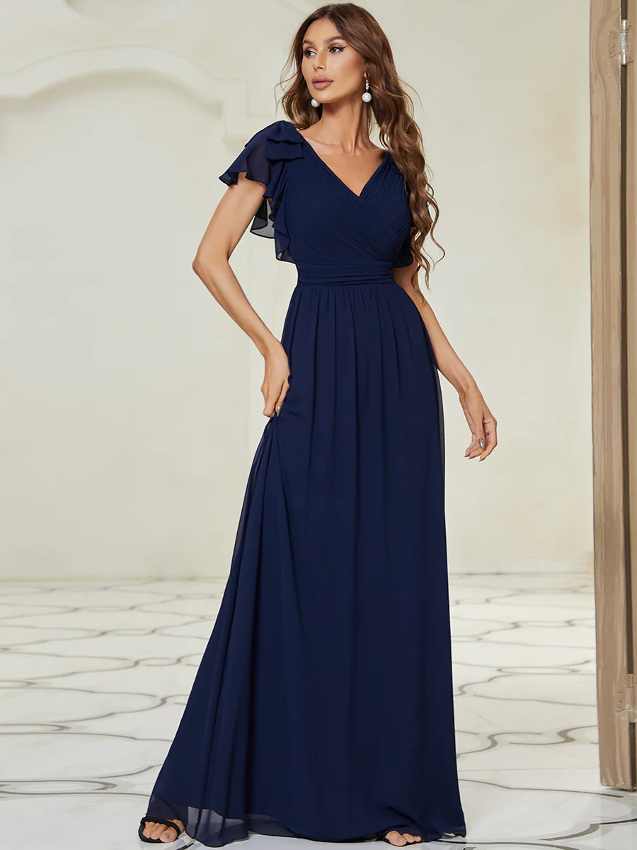 Maxi Long Chiffon Bridesmaid Dress With Ruffles Sleeves #EMEZ07709