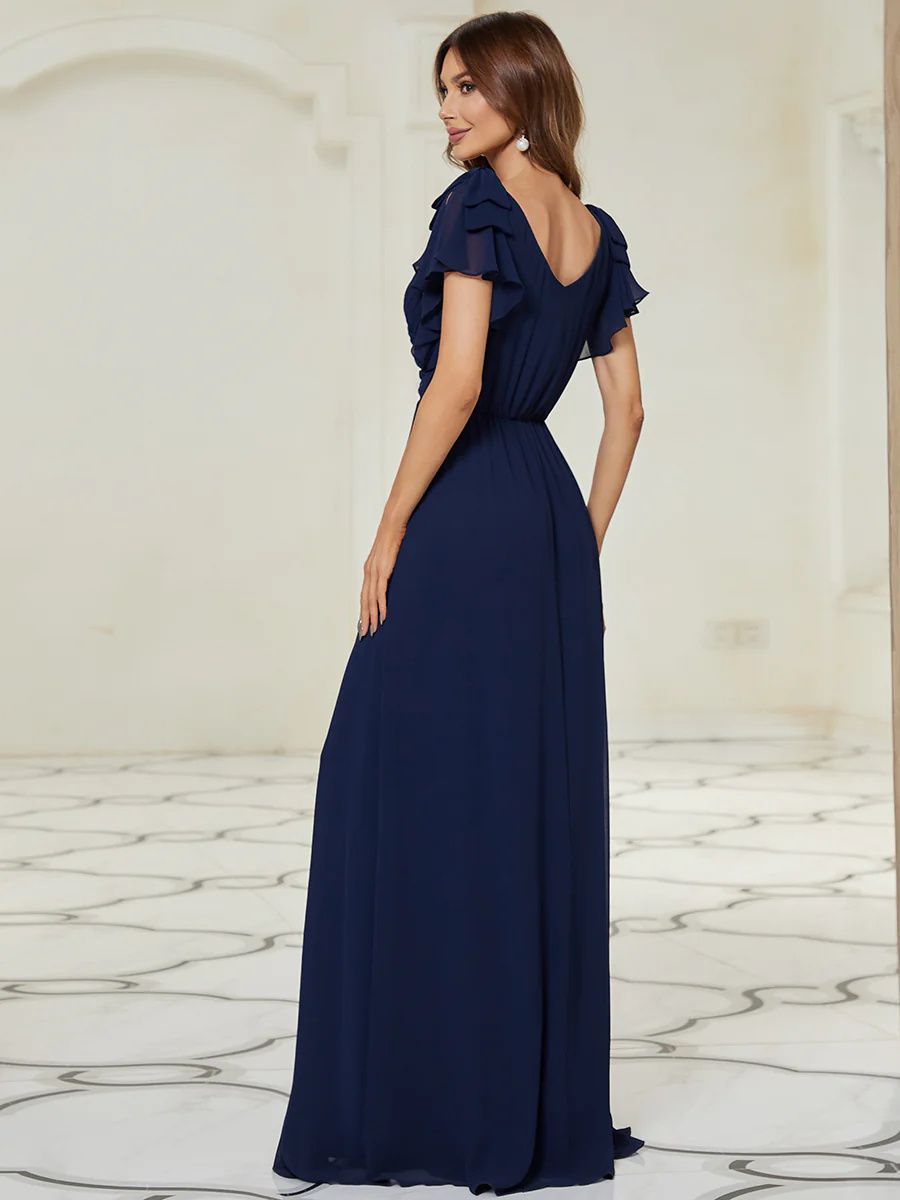 Maxi Long Chiffon Bridesmaid Dress With Ruffles Sleeves #EMEZ07709