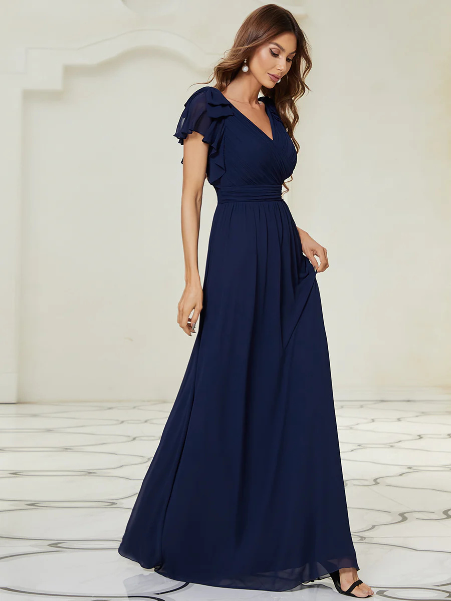 Maxi Long Chiffon Bridesmaid Dress With Ruffles Sleeves #EMEZ07709