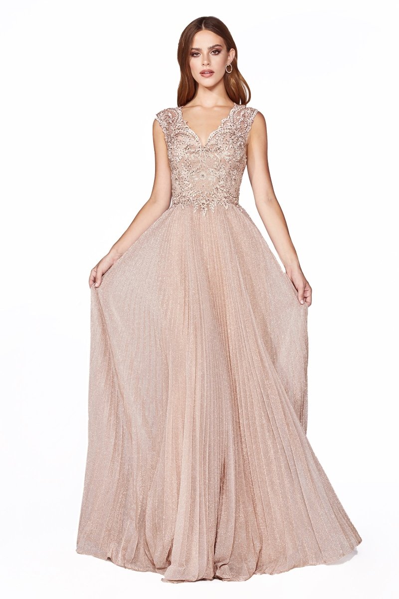 ​Elegant A-Line Cap Sleeves Metallic Pleated Lace Dress #HT011
