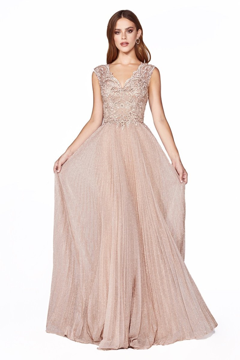 ​Elegant A-Line Cap Sleeves Metallic Pleated Lace Dress #HT011