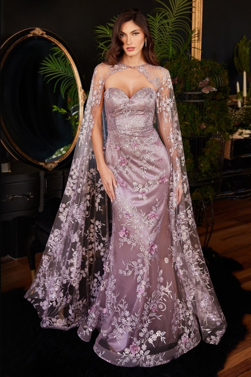 ​​​Stunning Sweetheart Glitter Print Floral Mermaid Gown With Lace Cape #J834