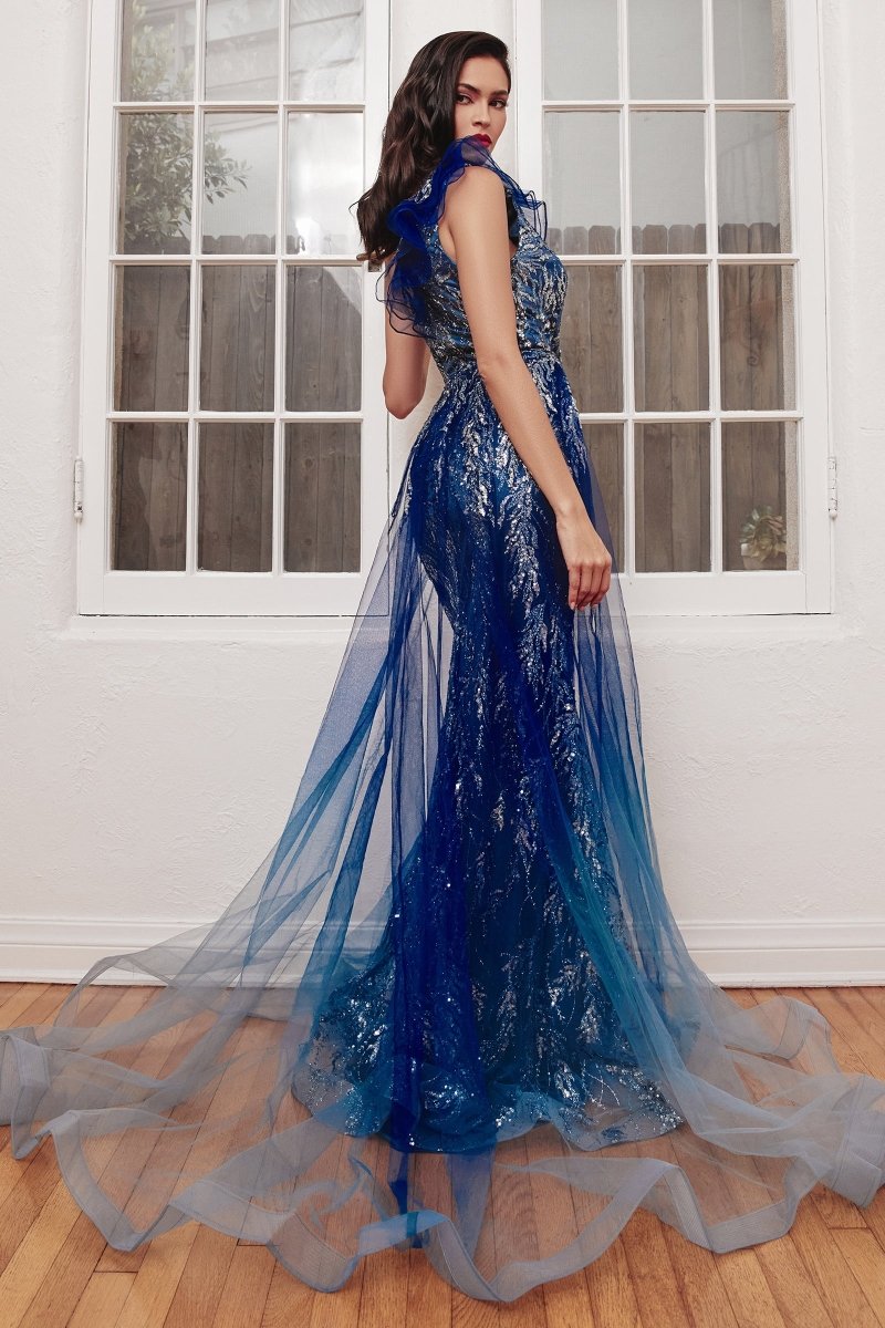 One Shoulder Glitter Print Slit Gown With Over Skirt #J851