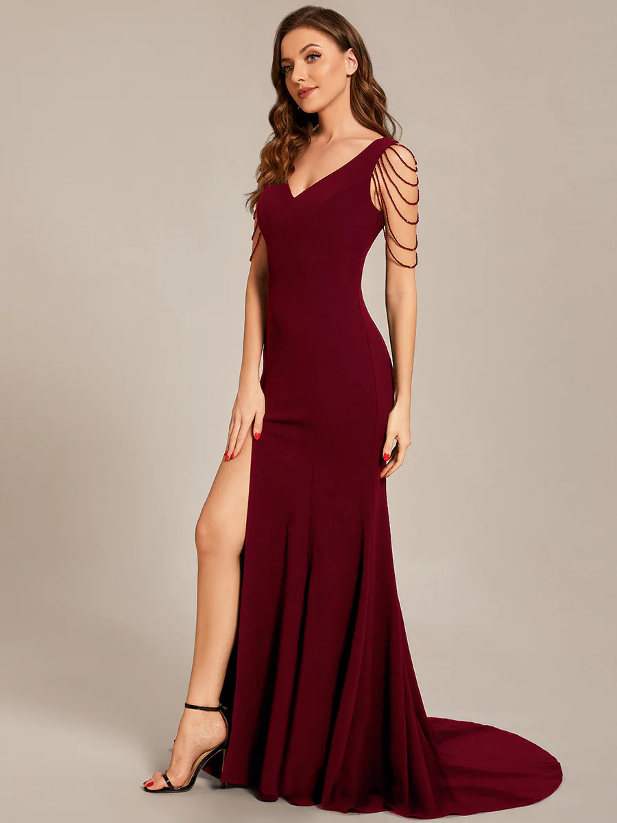  V-Neck Sleeveless Beaded Maxi Long Chiffon Bridesmaid Dress #EMMA01670
