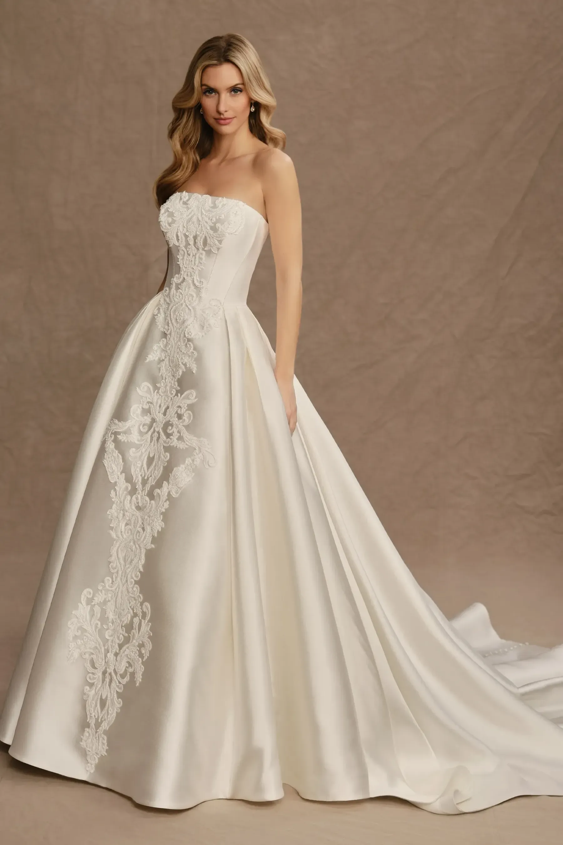 Straight Strapless Lace Appliques Mikado Wedding Dress With Pockets #MT4026