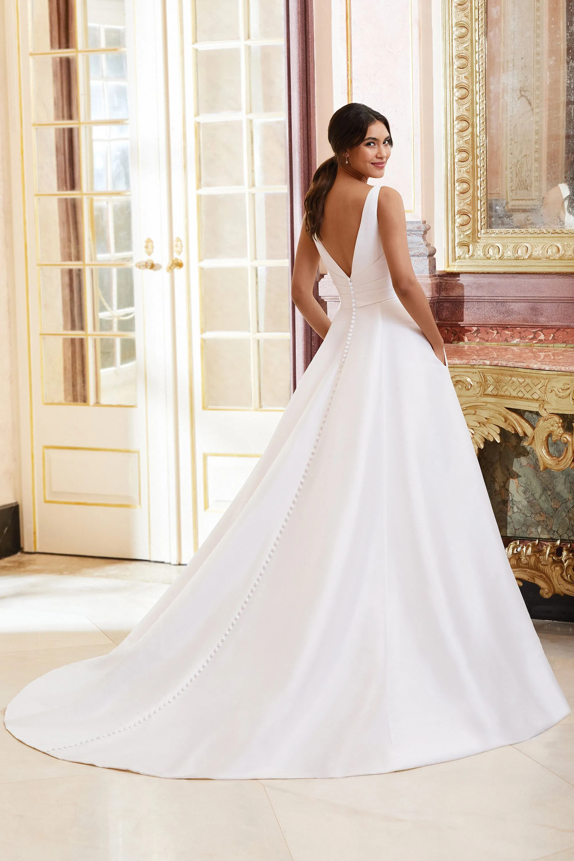 Ball Gown V-Neck Chapel Mikado Pockets Chapel Wedding Dress 44080