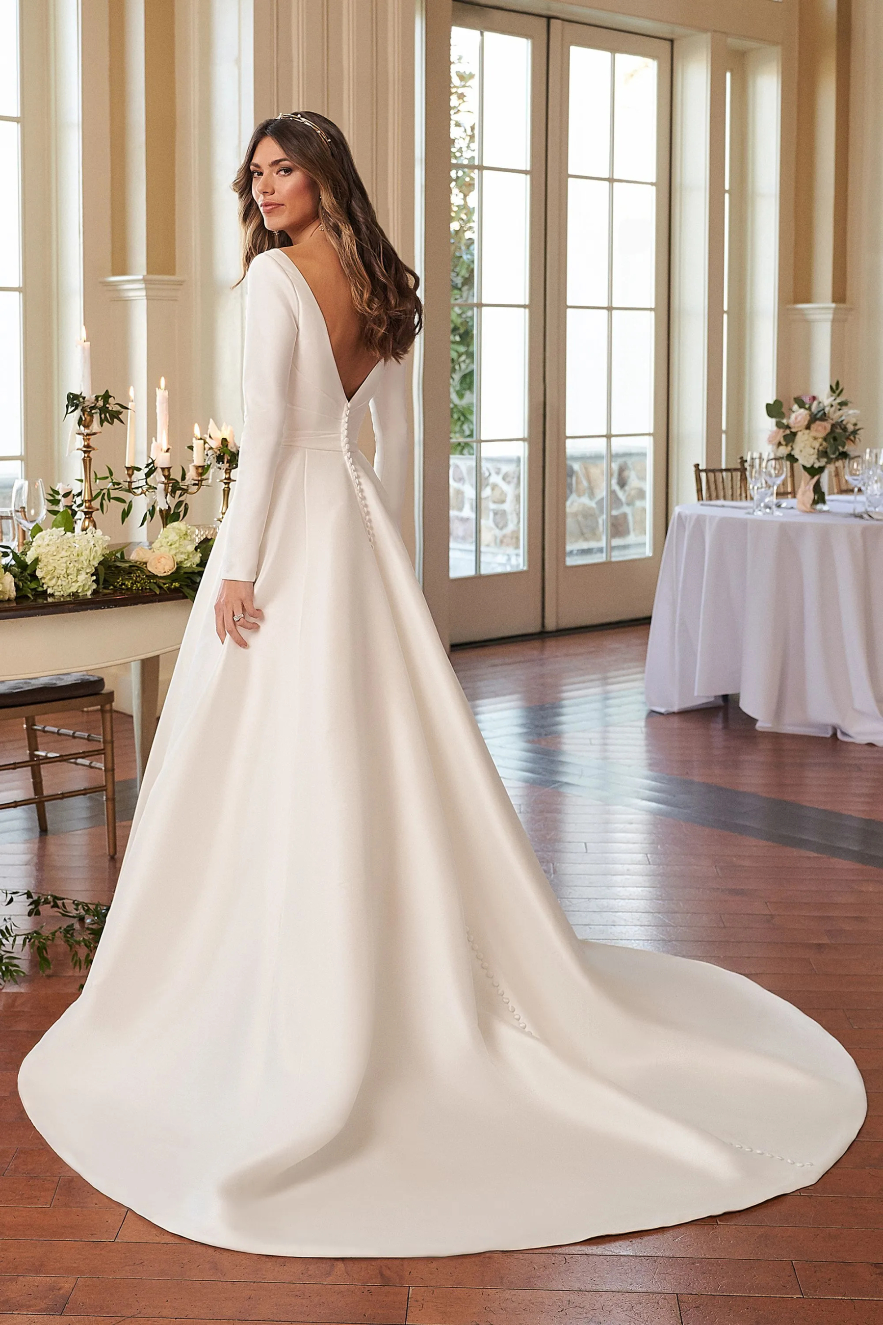 Graceful Ball Gown Mikado V-Neck Long Sleeve Pleated Wedding Dress 44296