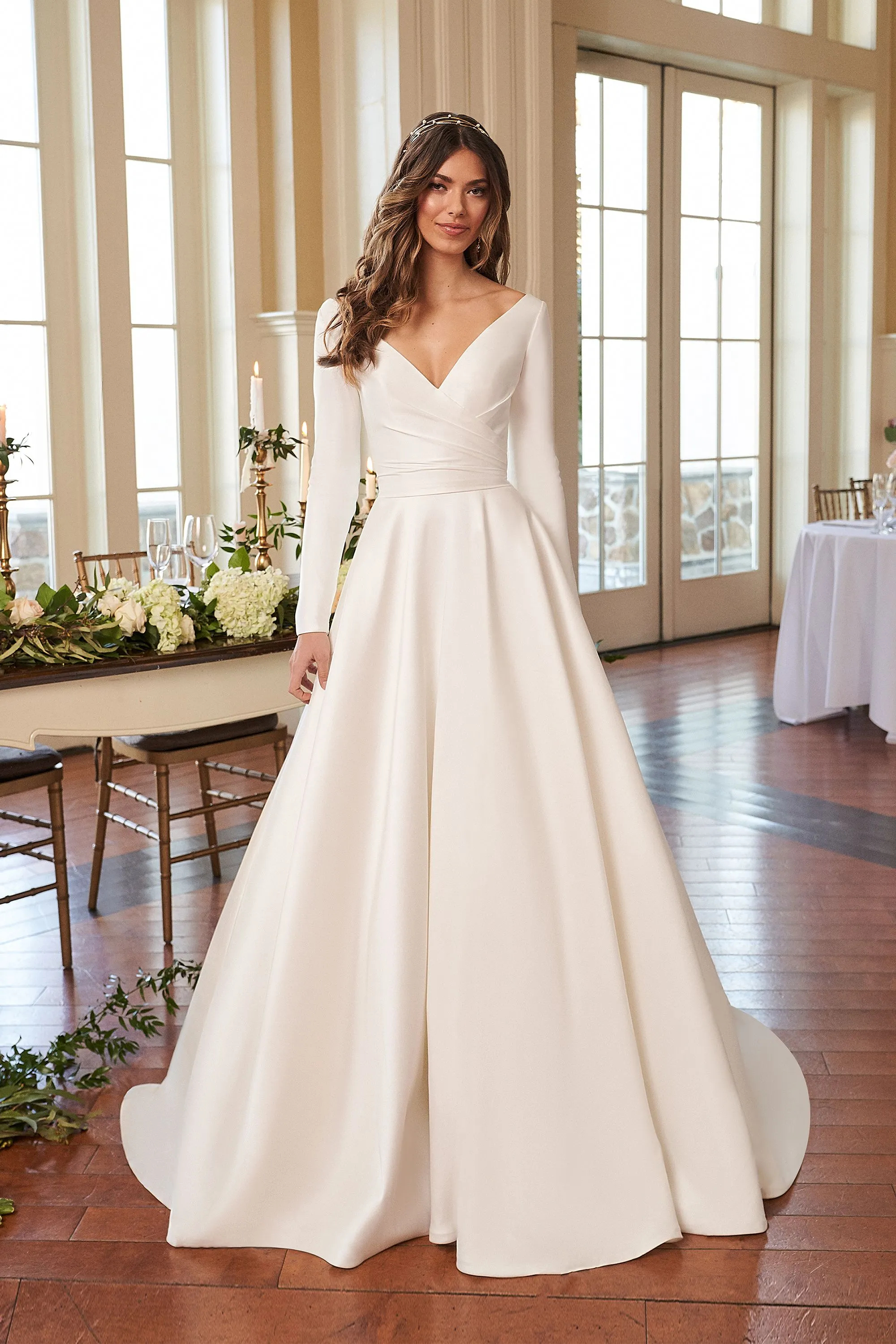 Graceful Ball Gown Mikado V-Neck Long Sleeve Pleated Wedding Dress 44296