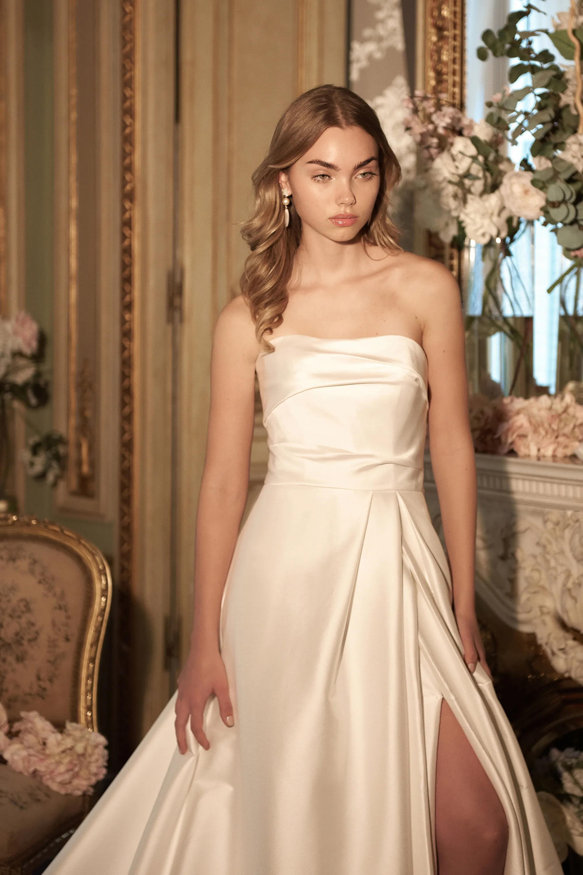 A-Line Strapless Stretch Mikado Draped Straight Neckline Wedding Dress 44416