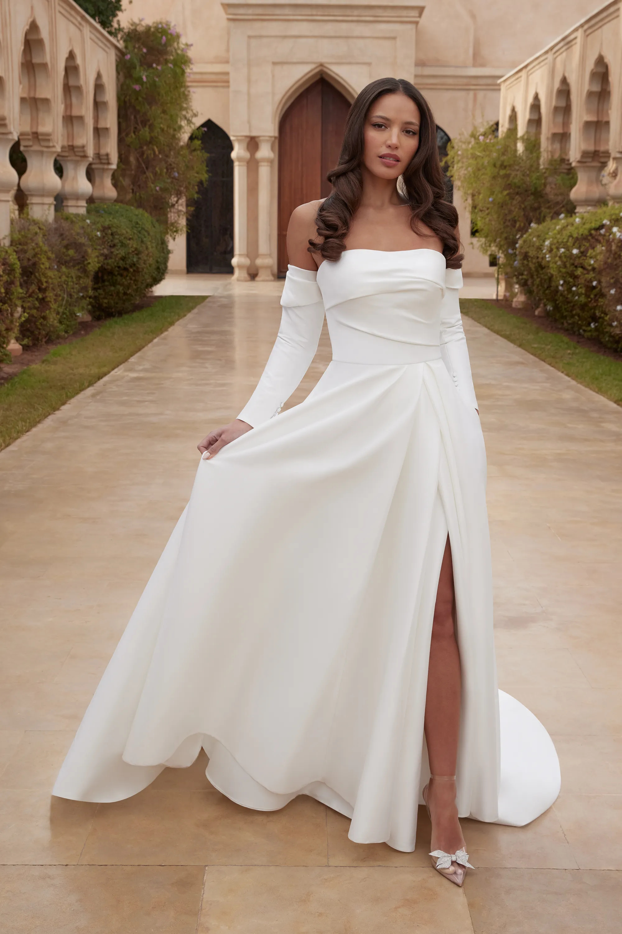 A-Line Strapless Stretch Mikado Draped Straight Neckline Wedding Dress 44416