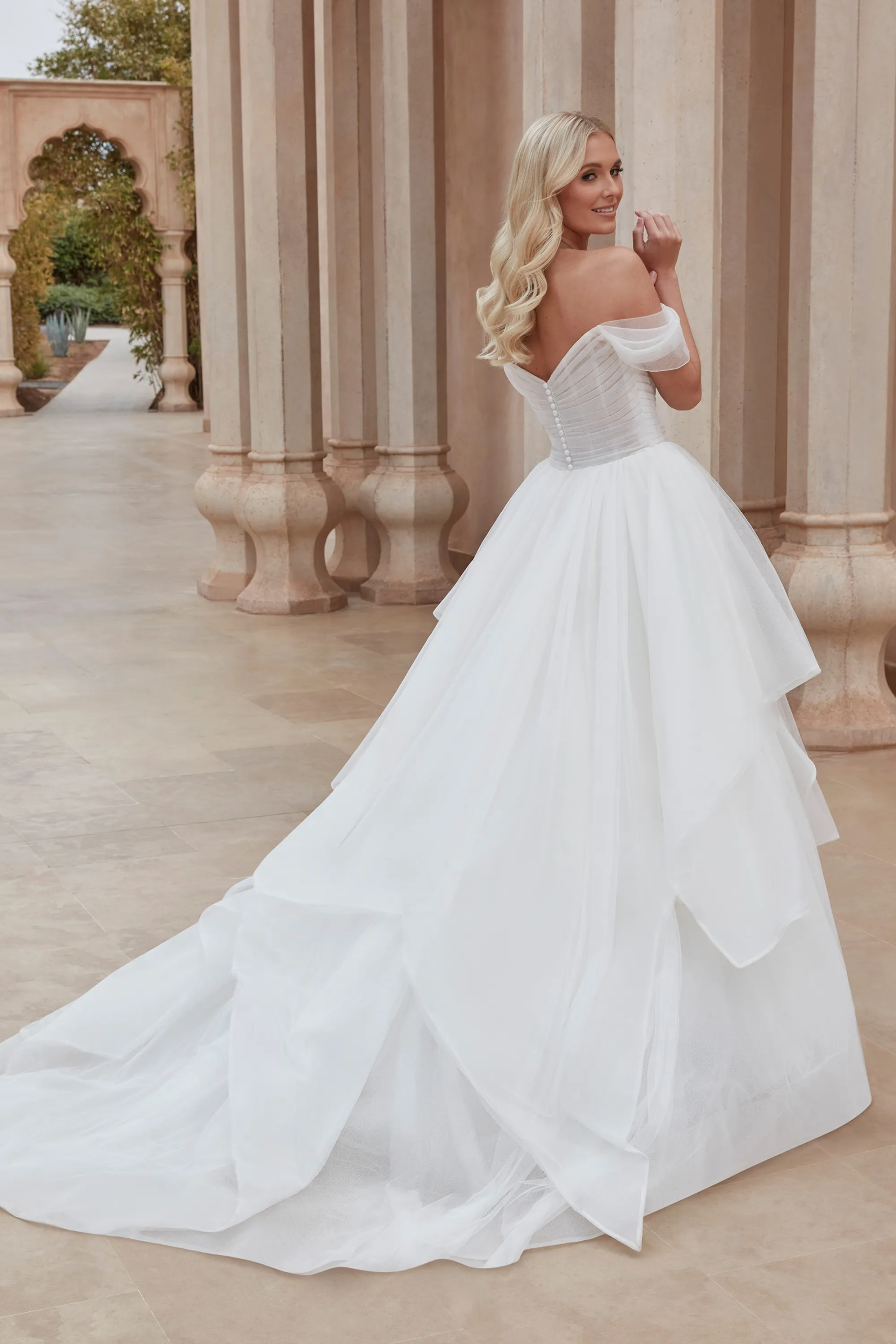 Ball Gown Off the Shoulder Organza Pleated Bodice Ruffles Wedding Dress  44419