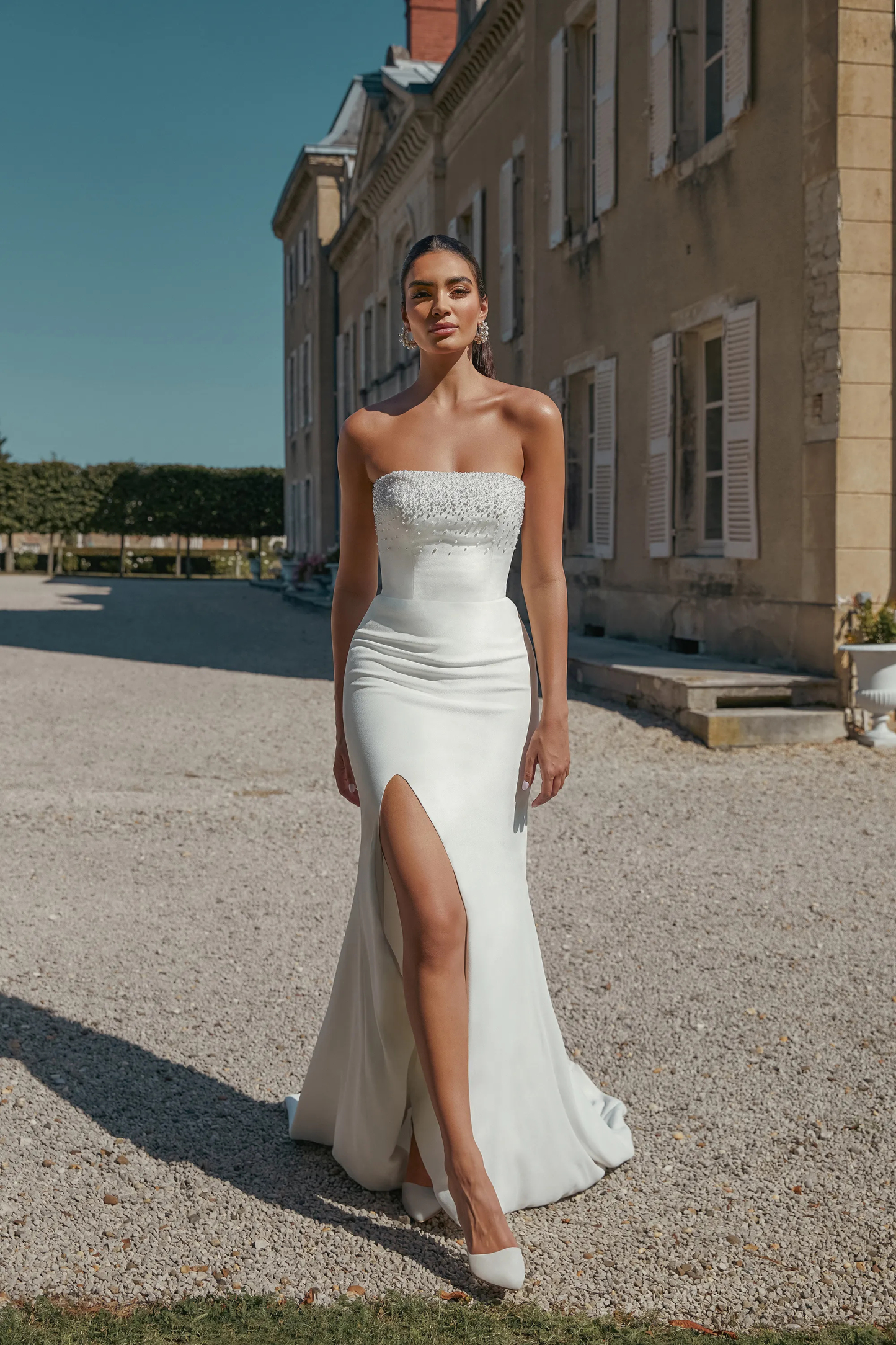 Graceful Straight Stretch Crepe Chapel Length Train Wedding Dress 44447