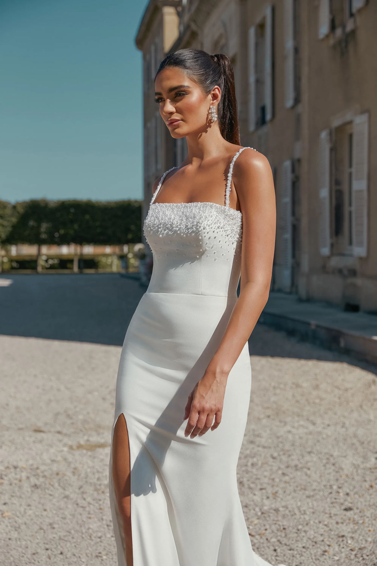 Graceful Straight Stretch Crepe Chapel Length Train Wedding Dress 44447