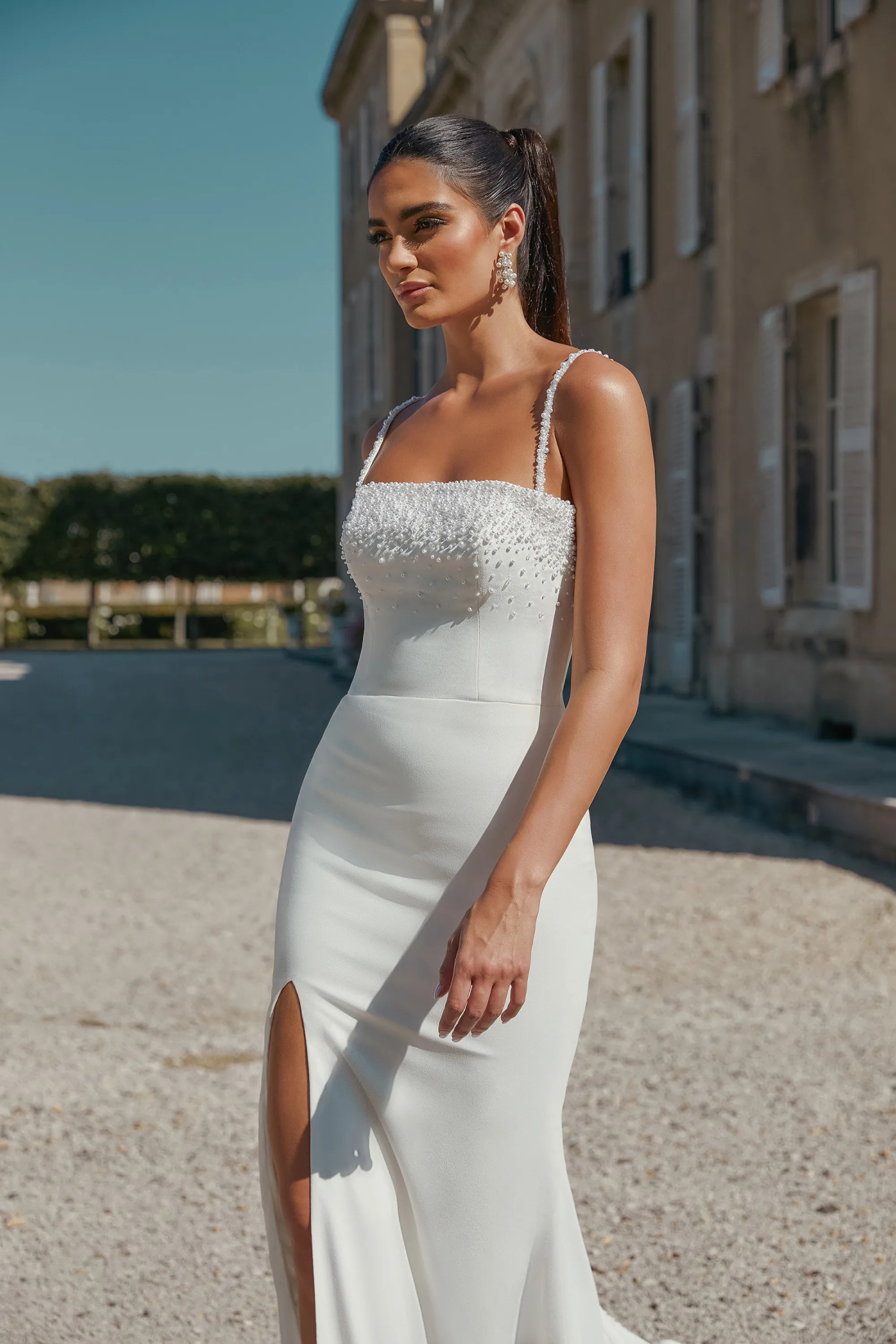 Graceful Straight Stretch Crepe Chapel Length Train Wedding Dress 44447