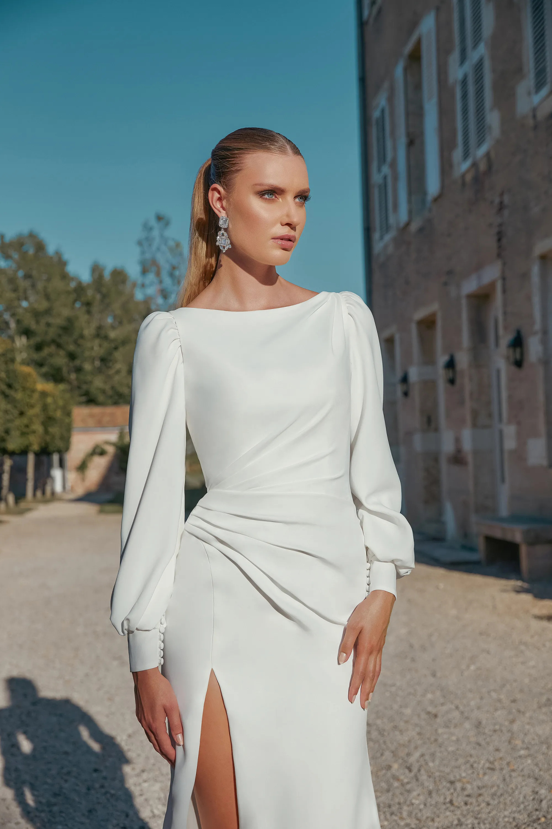 Chic Fit and Flare Stretch Crepe Ruching Chapel Length Train Wedding Dress 44450