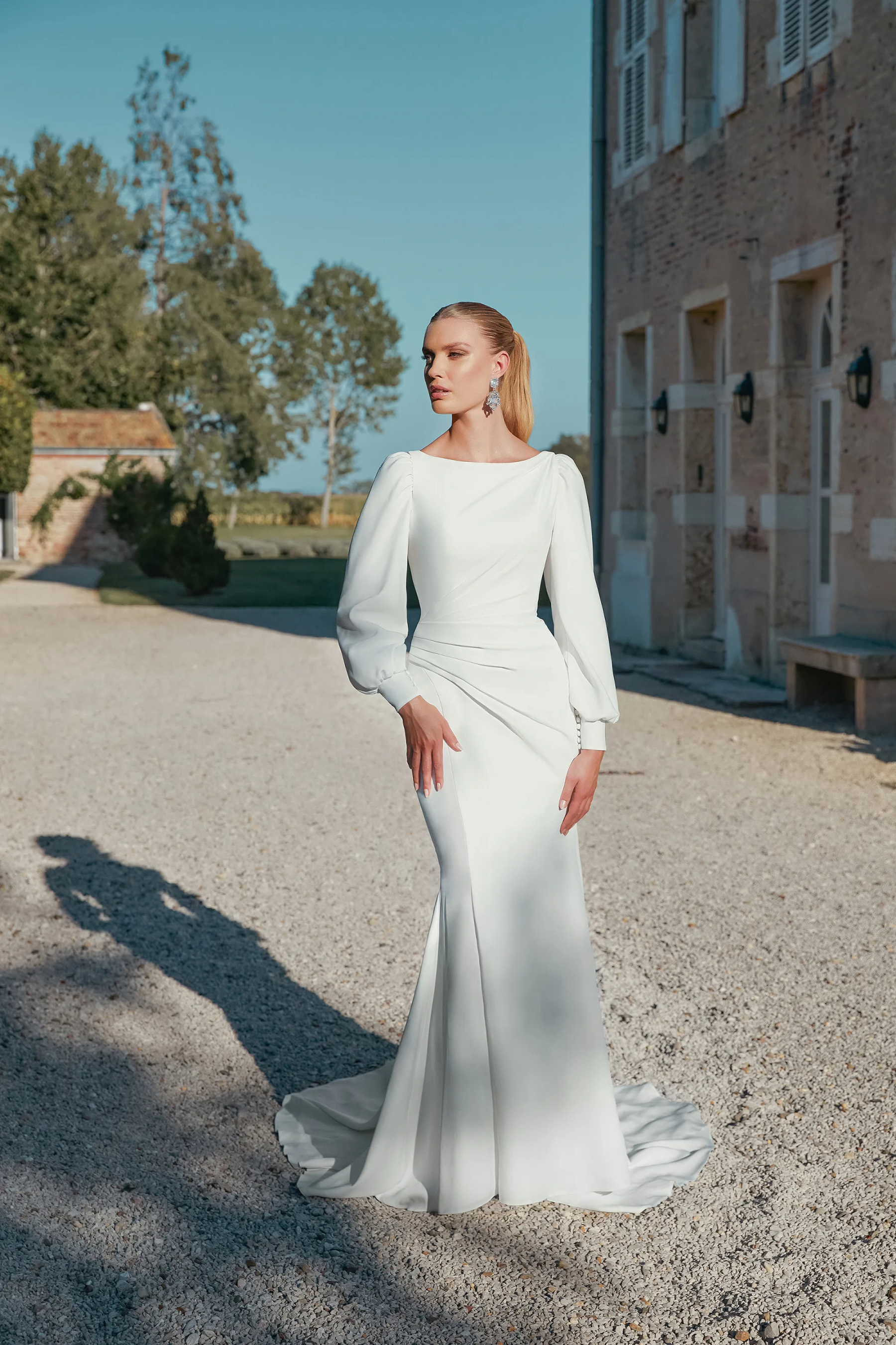 Chic Fit and Flare Stretch Crepe Ruching Chapel Length Train Wedding Dress 44450