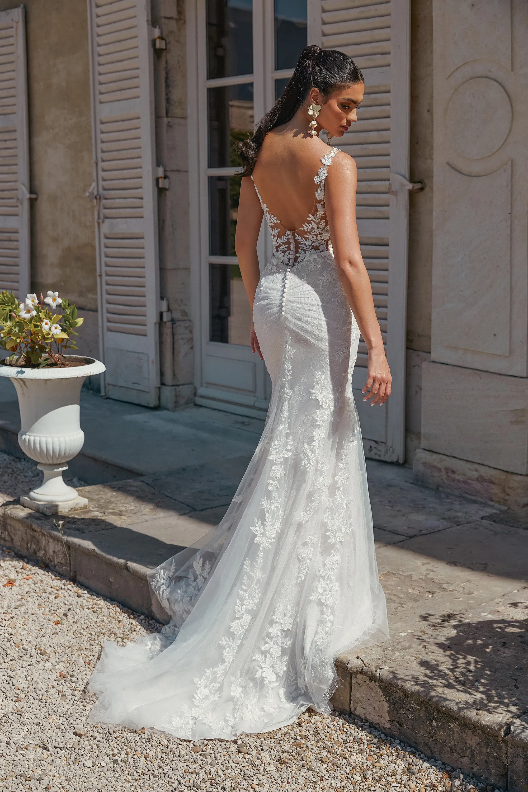 Graceful Plunge V-Neck Sequins Lace Sweep Train Wedding Dress 44465 