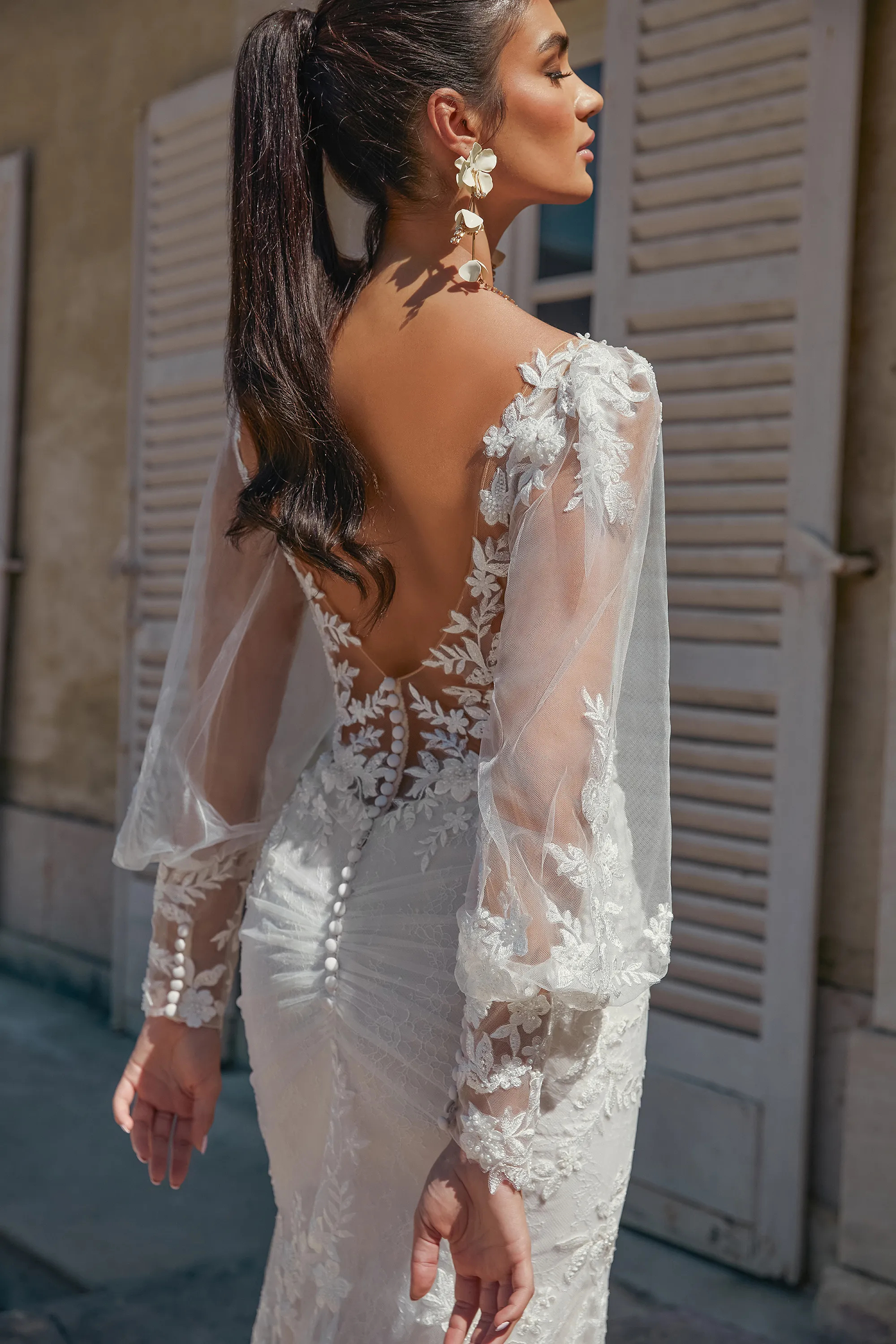 Graceful Plunge V-Neck Sequins Lace Sweep Train Wedding Dress 44465 