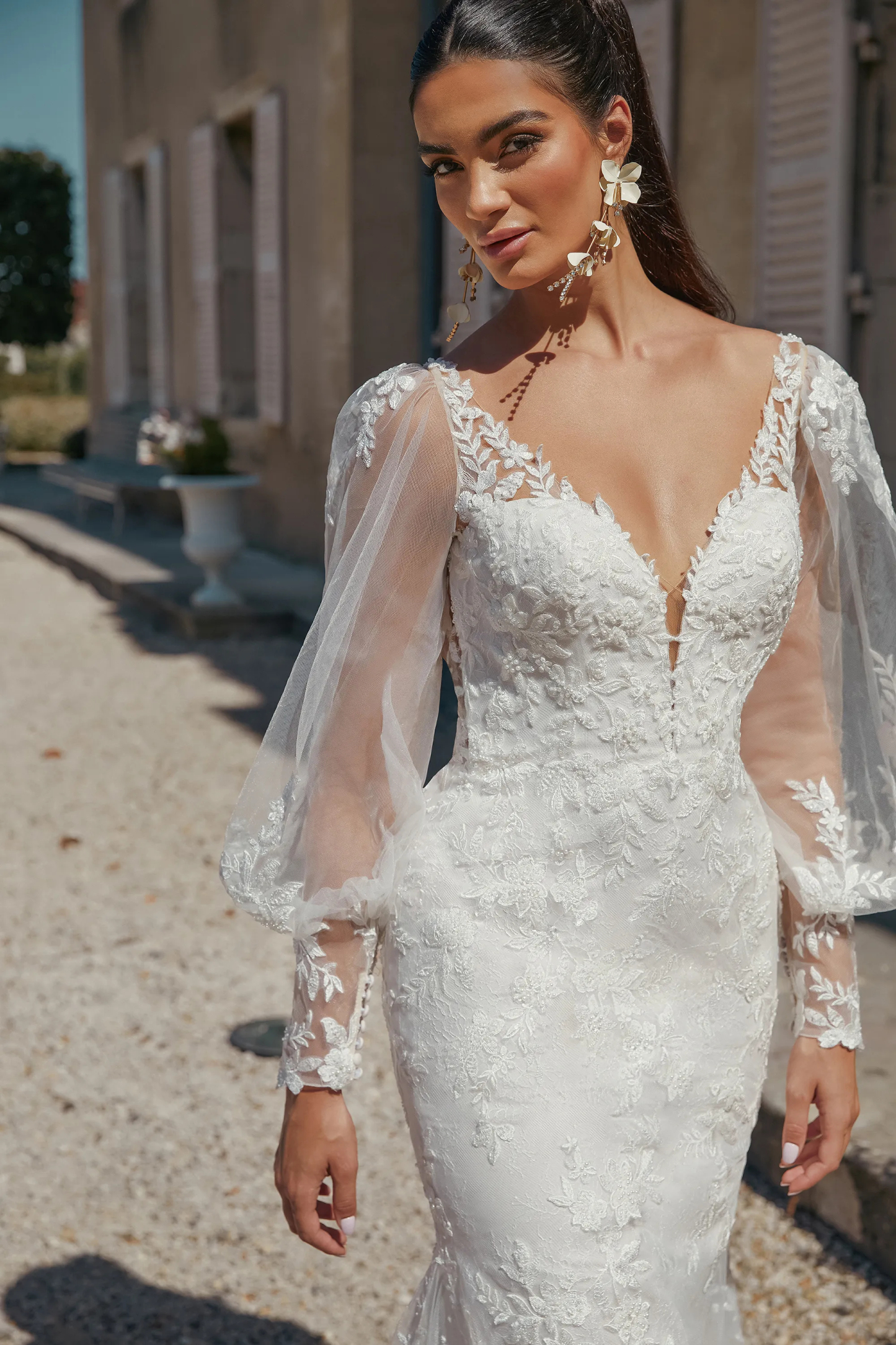 Graceful Plunge V-Neck Sequins Lace Sweep Train Wedding Dress 44465 