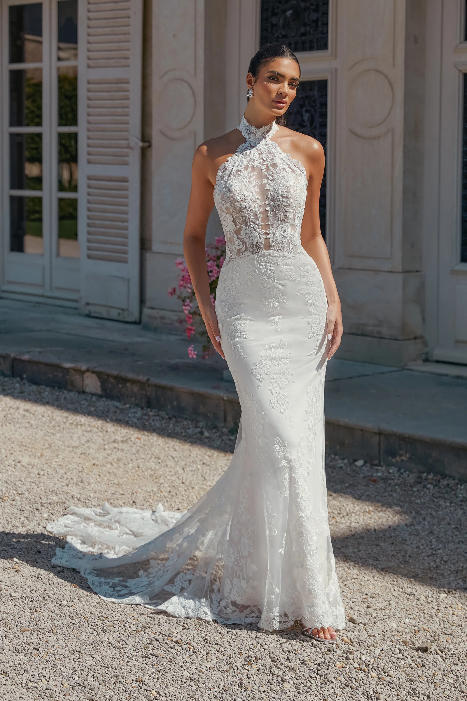 Fit and Flare Plunging Halter Sequins Lace Chapel Train Wedding Dress