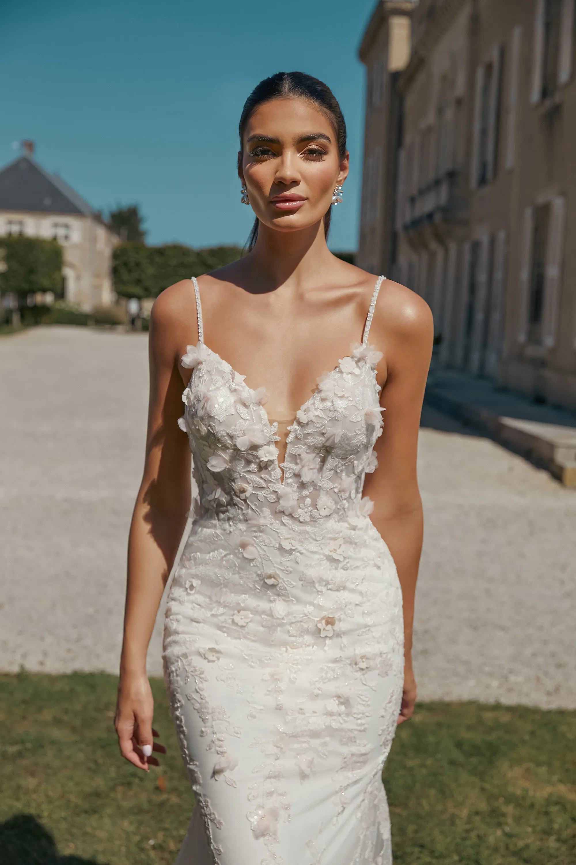 Fit and Flare Bikini 3D Petals Sequins Lace Embellished Wedding Dress 44471