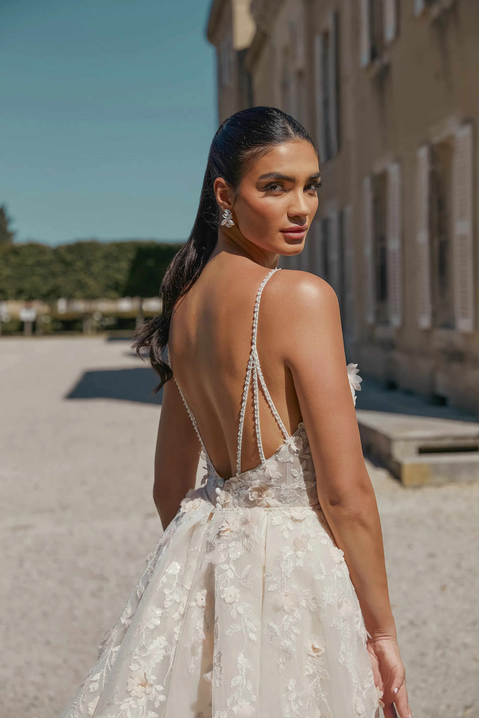 Fit and Flare Bikini 3D Petals Sequins Lace Embellished Wedding Dress 44471