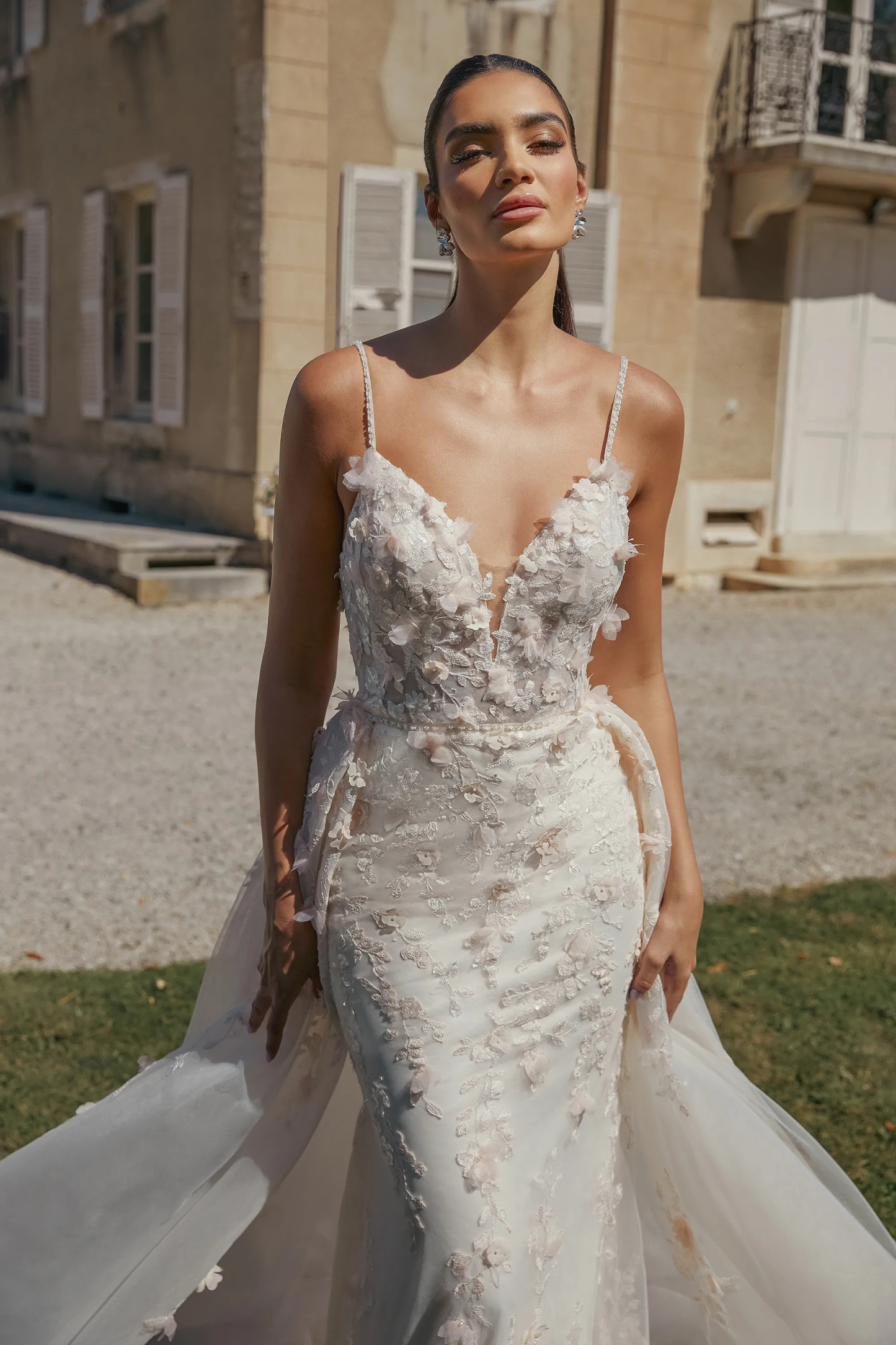 Fit and Flare Bikini 3D Petals Sequins Lace Embellished Wedding Dress 44471