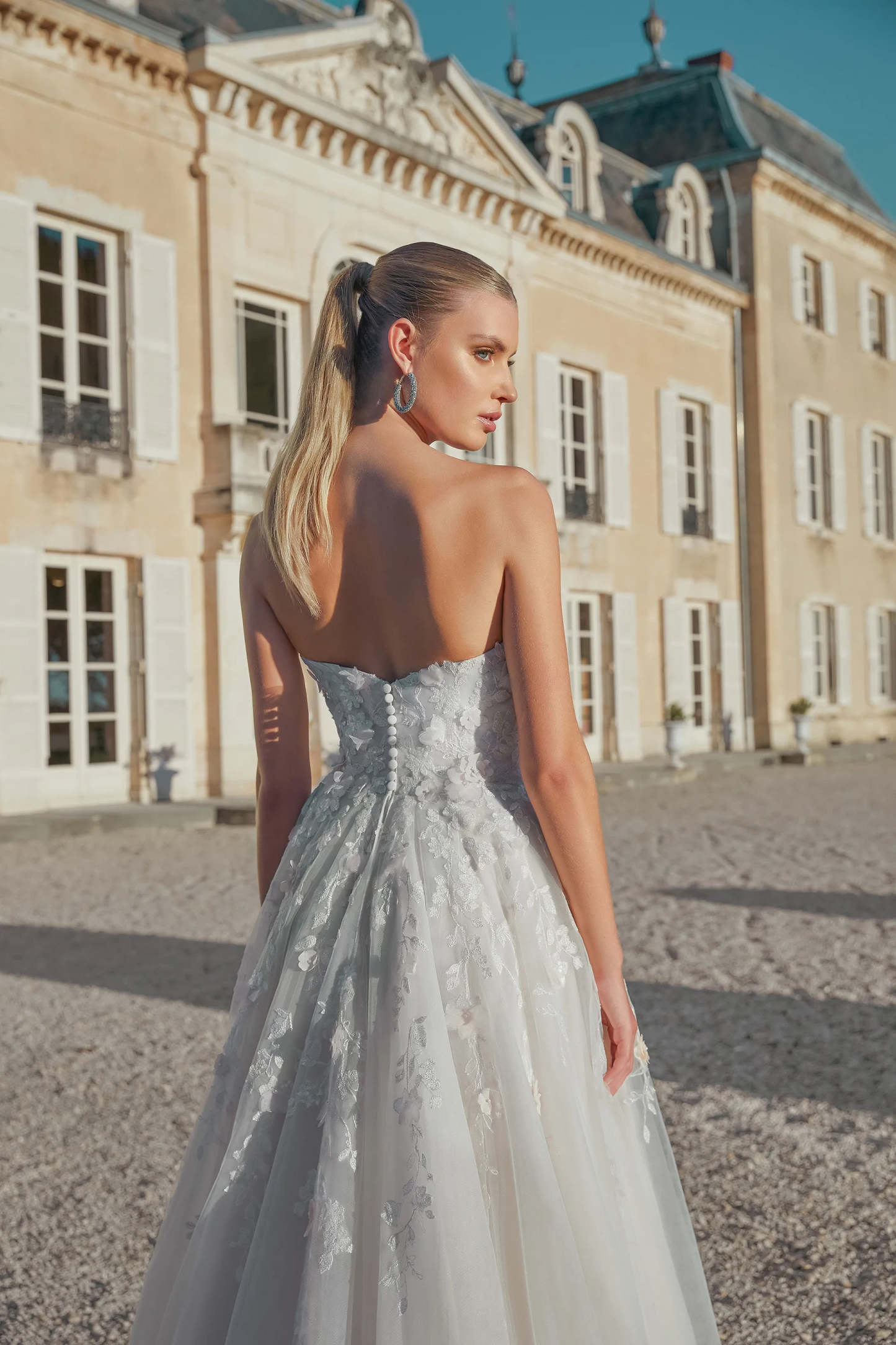 Graceful A-Line Strapless 3D Petals Sequins Lace Wedding Dress 44472